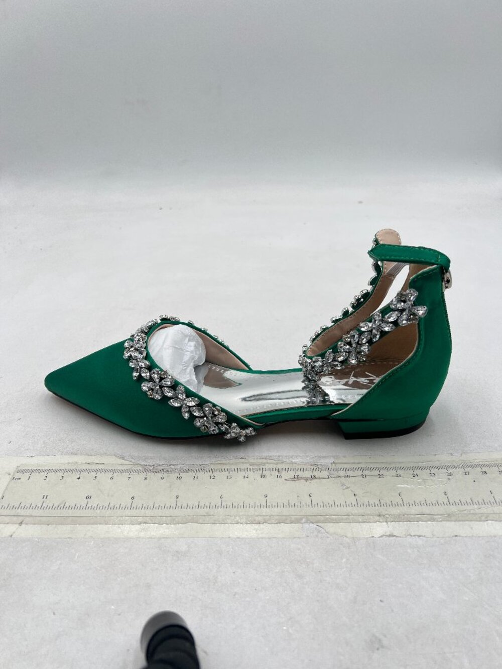 XYD Dark Green Pointed Toe Wedding Sandals Sparkly Rhinestones Ankle Strap Shoes - Picture 2 of 9